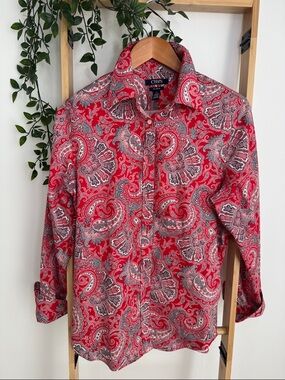 Chaps Red Floral Paisley Button-Down Blouse L/G No Iron Long Sleeve Flip  Cuffs